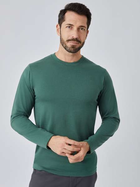 Alpine Green Long Sleeve Crew Neck Tee | Model Wearing Size Medium | Fresh Clean Threads